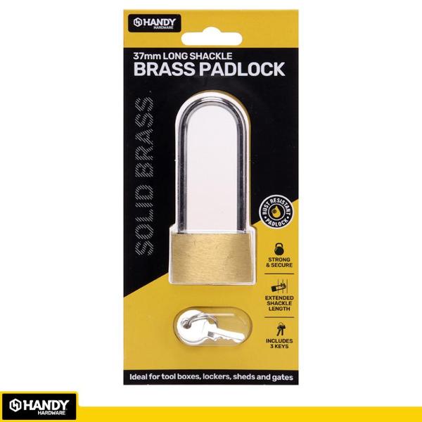 Solid Brass Long Shackle Padlock Including 3 Keys - 3.7cm