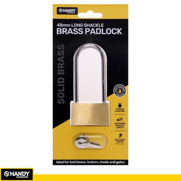 Solid Brass Long Shackle Padlock Including 3 Keys - 4.8cm