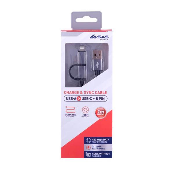 Grey Charge & Sync USB A To USB C & 8 Pin Polyester Cable - 100cm