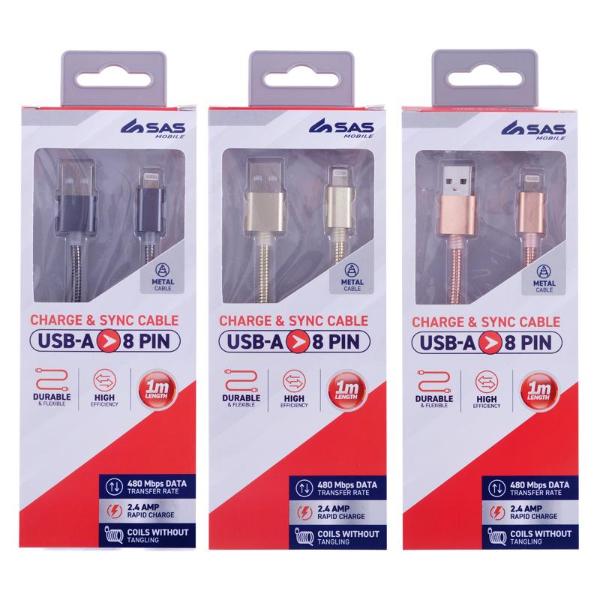 Assorted Charge & Sync USB A To 8 Pin Metal Cable - 100cm