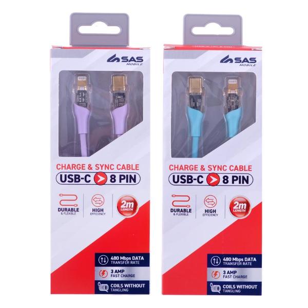 Assorted Charge & Sync USB C To 8 Pin PVC Cable - 200cm