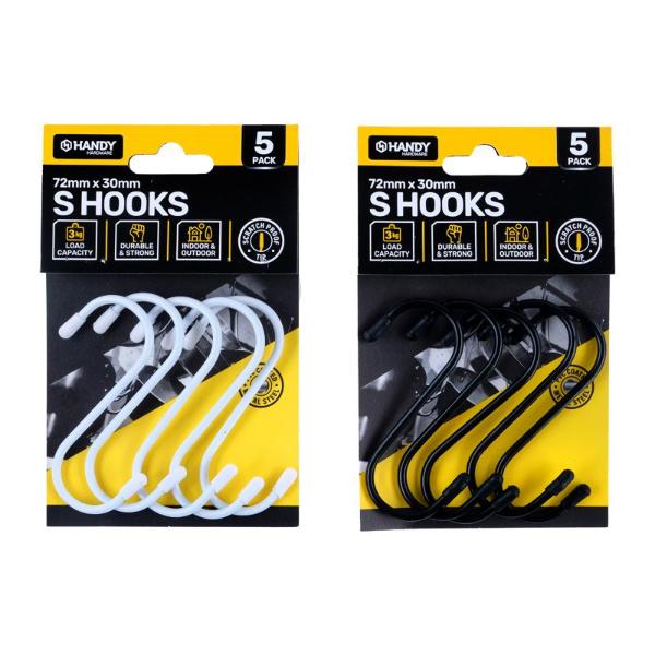5 Pack PVC Coated S Hook With Scratch Proof Tip Protectors - 7.2cm x 3cm