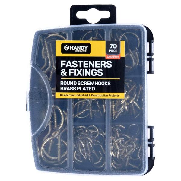 70 Pack Brass Plated Assorted Fasteners & Fixings Screw Hooks In Storage Case