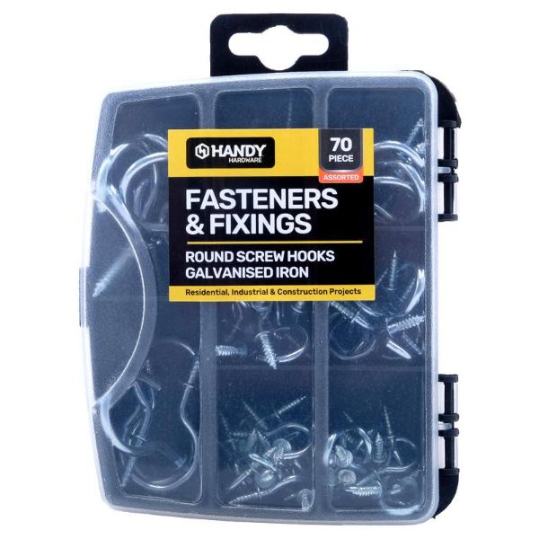 70 Pack Galvanised Iron Assorted Fasteners & Fixings Screw Hooks In Storage Case