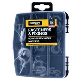 Load image into Gallery viewer, 30 Pack White PVC Assorted Fasteners &amp; Fixings Screw Hooks In Storage Case
