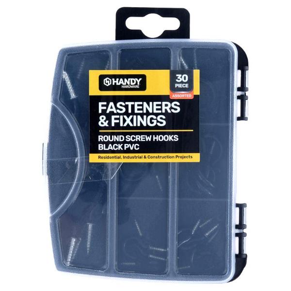 30 Pack Black PVC Assorted Fasteners & Fixings Screw Hooks In Storage Case