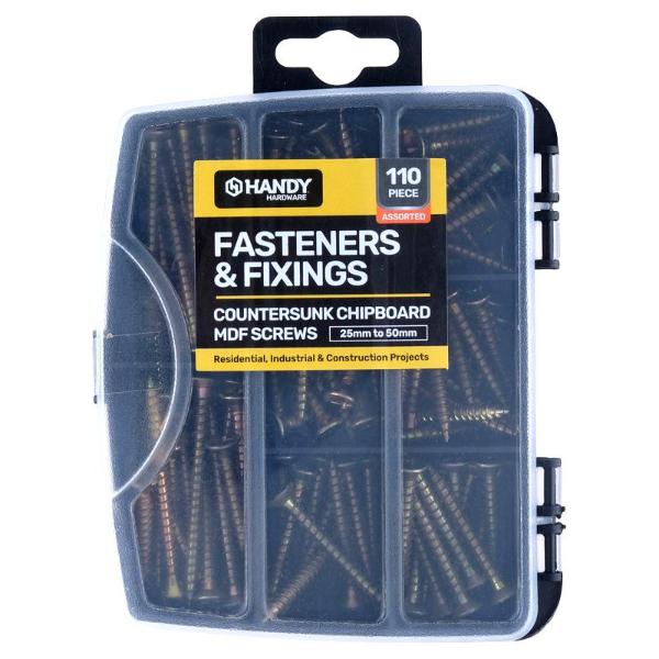 110 Pack Countersunk Chipboard MDF Assorted Fasteners & Fixings Screw Hooks In Storage Case