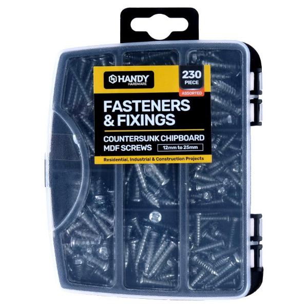 230 Pack Fasteners & Fixings Countersunk Chipboard MDF Screws In Storage Case