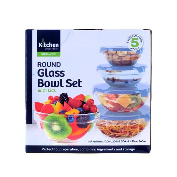 5 Pack Round Glass Bowl With Lid - 120ml / 200ml / 300ml / 450ml / 860ml