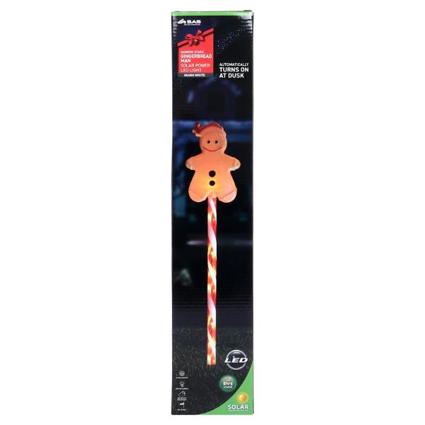 Warm White 2 Functions Gingerbread Man With Candy Striped Pole 5 Led Solar Light Stake - 9cm x 14cm x 51cm