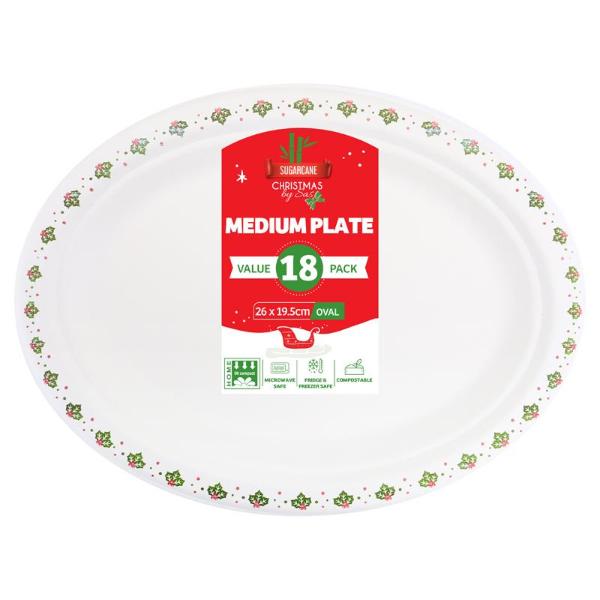 18 Pack Christmas Oval Sugarcane Bagasse Plates - 26cm x 19.5cm