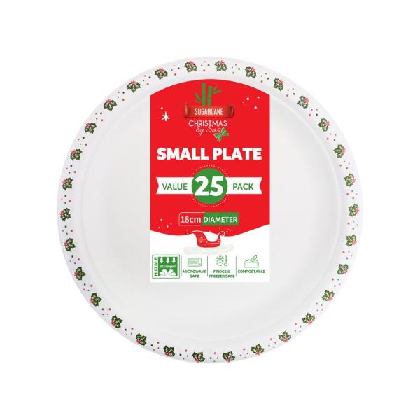 25 Pack Holly Print Christmas Round Sugarcane Bagasse Plates - 18cm