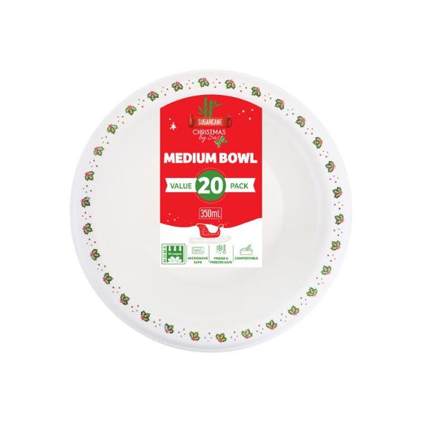 20 Pack Holly Print Christmas Round Sugarcane Bagasse Bowls - 350ml