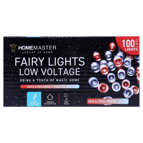 Red & Cool White 8 Function Low Voltage 100 Led Fairy Light - 6.5m