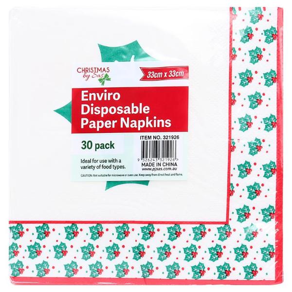 30 Pack Holly Design Enviro Disposable Paper Napkins - 33cm x 33cm
