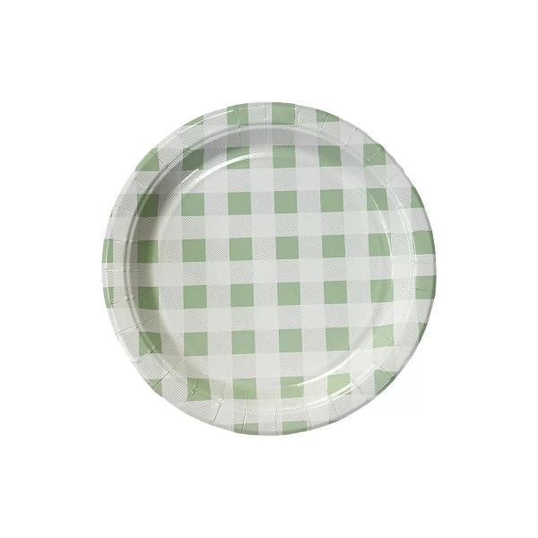20 Pack Round Green Gingham Paper Plate - 22cm