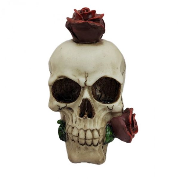 Desktop Skull With Rose Statue - 16cm