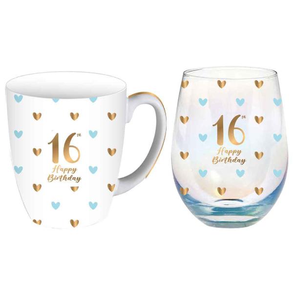 2 Pack 16th Sweet Hearts 400ml Mug & 520ml Stemless Glass Set