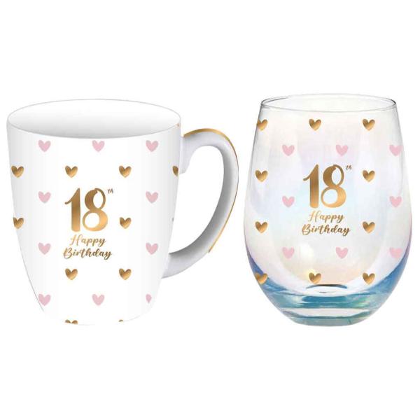 2 Pack 18th Sweet Heart 400ml Mug & Stemless Glass - 520ml