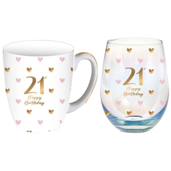 2 Pack 21st Sweet Heart 400ml Mug & Stemless Glass - 520ml