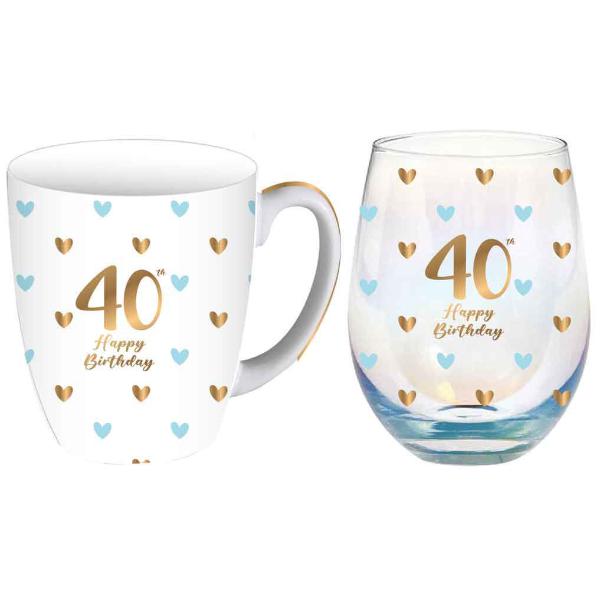 2 Pack 40th Sweet Heart 400ml Mug & Stemless Glass - 520ml