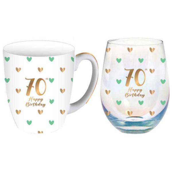 2 Pack 70th Sweet Heart 400ml Mug & Stemless Glass - 520ml