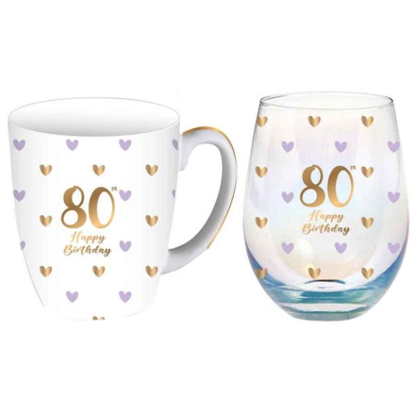 2 Pack 80th Sweet Heart 400ml Mug & Stemless Glass - 520ml