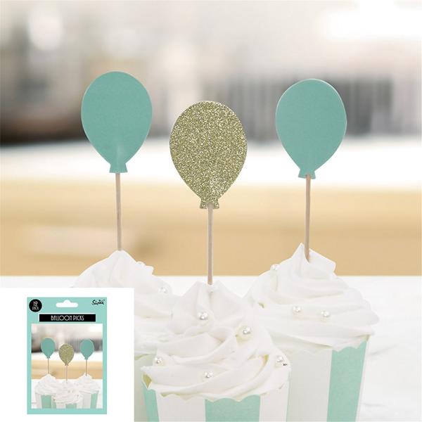 12 Pack Mint & Champagne Balloon Picks - 10cm