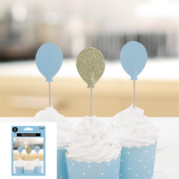12 Pack Blue & Champagne Balloon Picks - 10cm