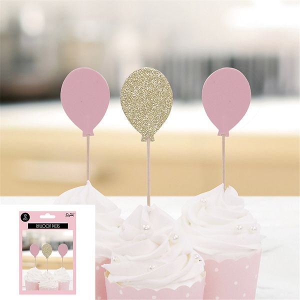 12 Pack Pink & Champagne Balloon Picks - 10cm