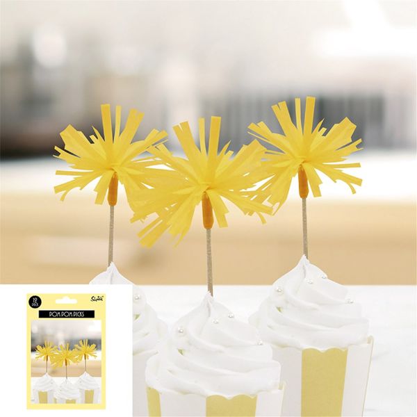 12 Pack Yellow Pom Pom Picks - 13cm