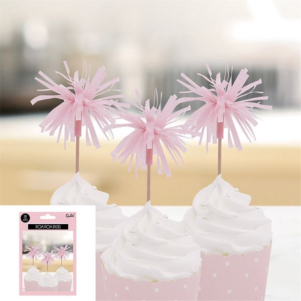 12 Pack Pink Pom Pom Picks - 13cm