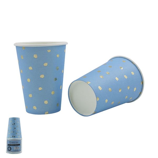 12 Pack Blue Paper Cup With Gold Foiled Dots - 266ml