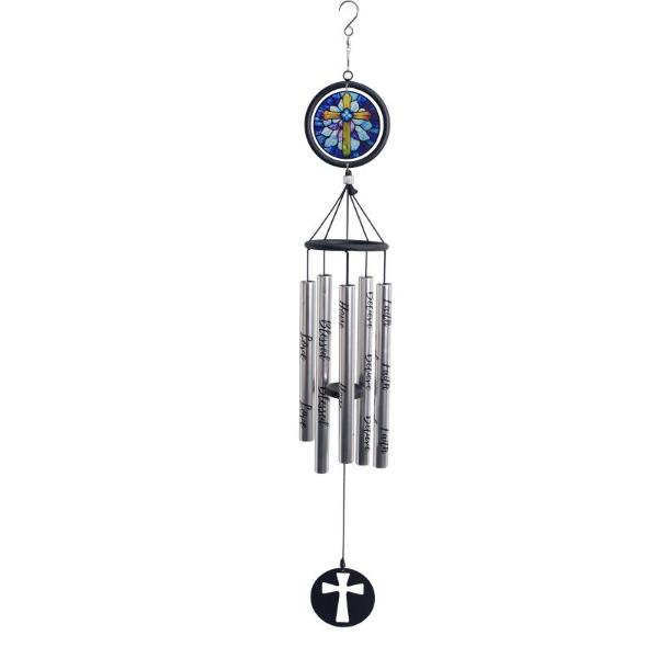 Stained Glass Cross Wind Chime With Inspirational Wording - 76cm