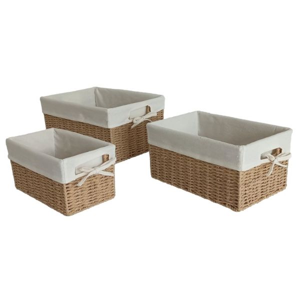 Set of 3 White Lined Storage Baskets