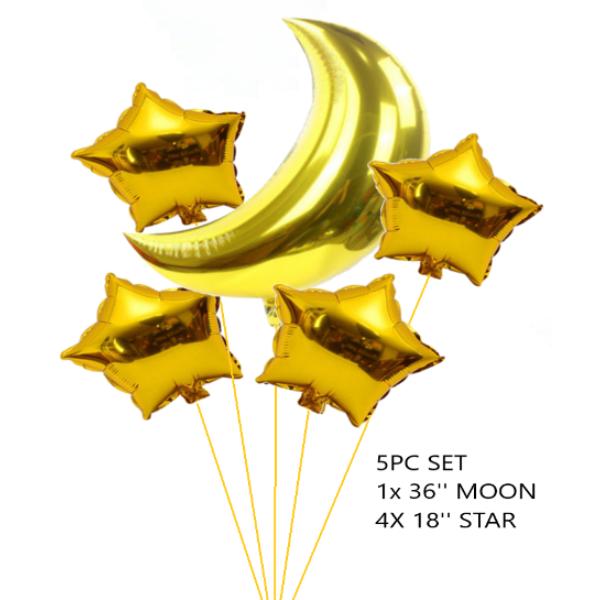 5 Pack Gold Moon Star Foil Balloons