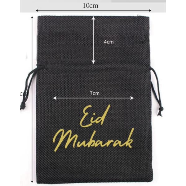 6 Pack Black Gold Print Eid Mubarak Hessian Bag - 10cm x 14cm