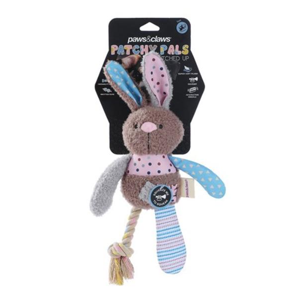 Patchy Pals Plush Bear Pet Toy With Rope - 32cm x 17cm x 6cm