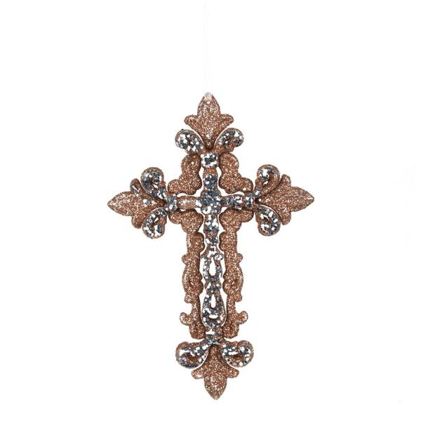 Silver & Champagne Glitter Cross Tree Ornament - 15.5cm x 10cm