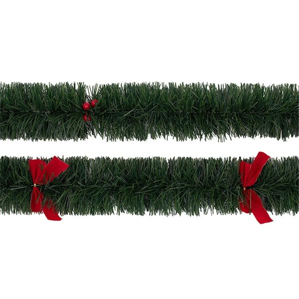 Thick Matt Green 5Ply Tinsel With Berries & Bows - 200cm