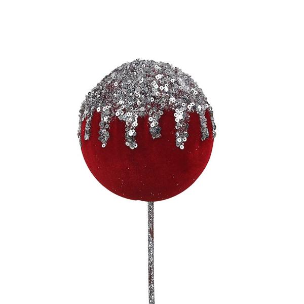 Red Velour With Silver Glitter & Sequin Bauble - 10cm