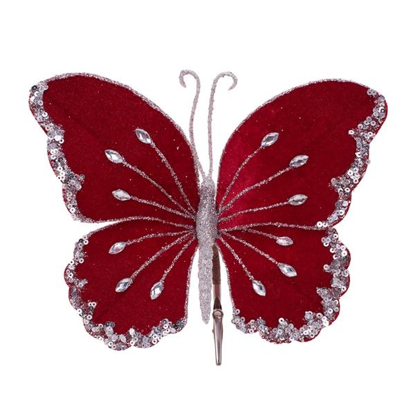 Red Velour With Silver Glitter & Crystals Butterfly - 22cm