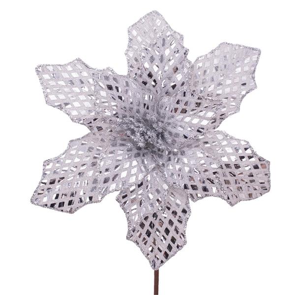 Silver Mirror Ball Look Poinsettia Stem - 30cm