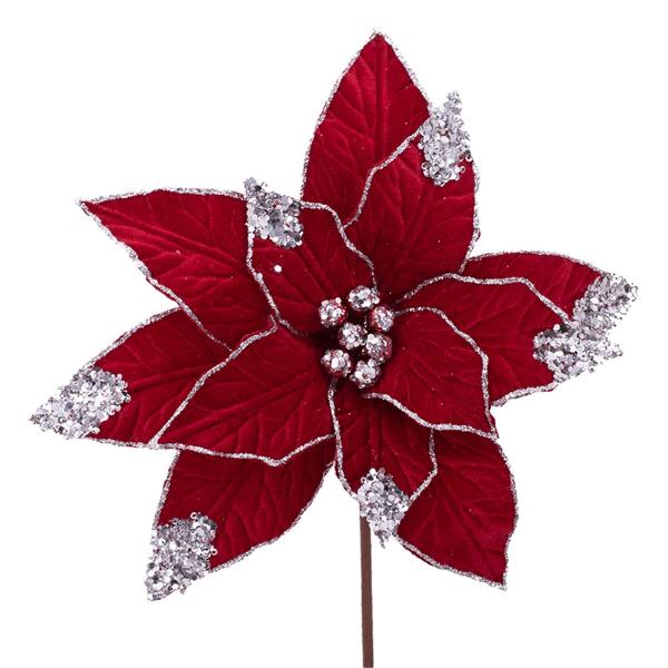 Red Poinsettia Stem With Glitter - 30cm