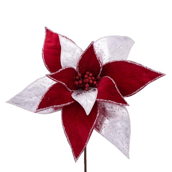 Red & White Poinsettia Stem - 32cm
