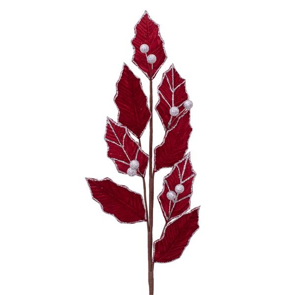 Red & Glitter Holly Leaf Stem - 75cm