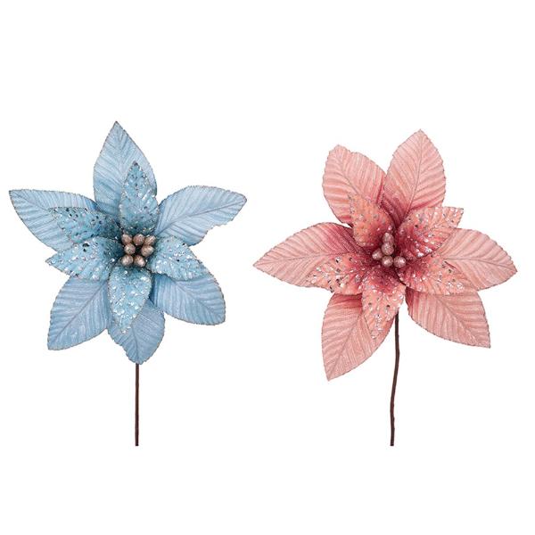 Coral Or Blue Velour Poinsettia With Glitter Detail Stem - 40cm x 50cm