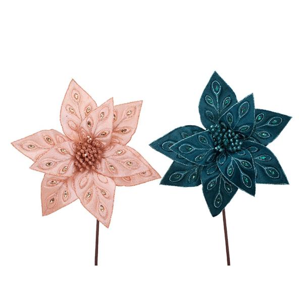 Coral Or Teal Velour Poinsettia With Jewel Detail Stem - 29cm
