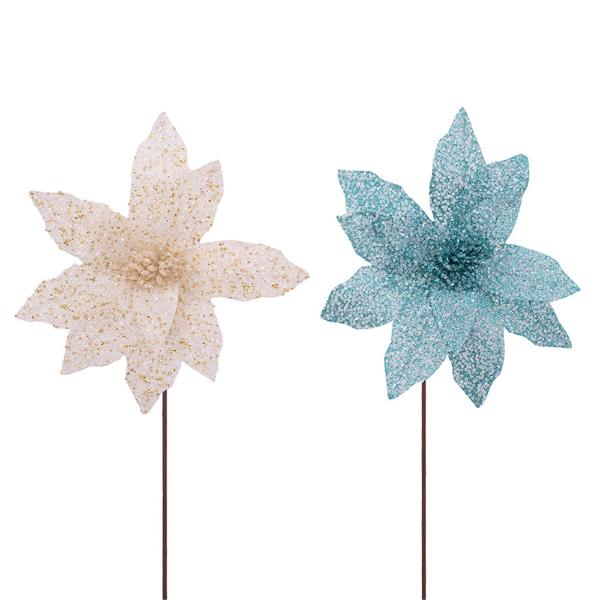 Champagne Or Teal Glitter Poinsettia With Stem - 32cm x 50cm
