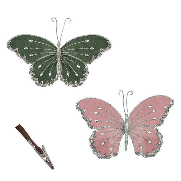 Sage & Dusty Pink Butterfly With Clip & Platinum Jewels - 23cm x 17cm